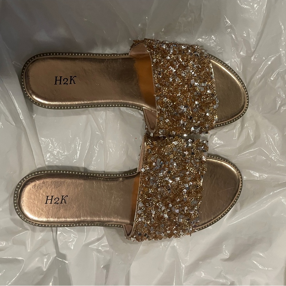 H2K Women's Gold Embellished Slide Sandals